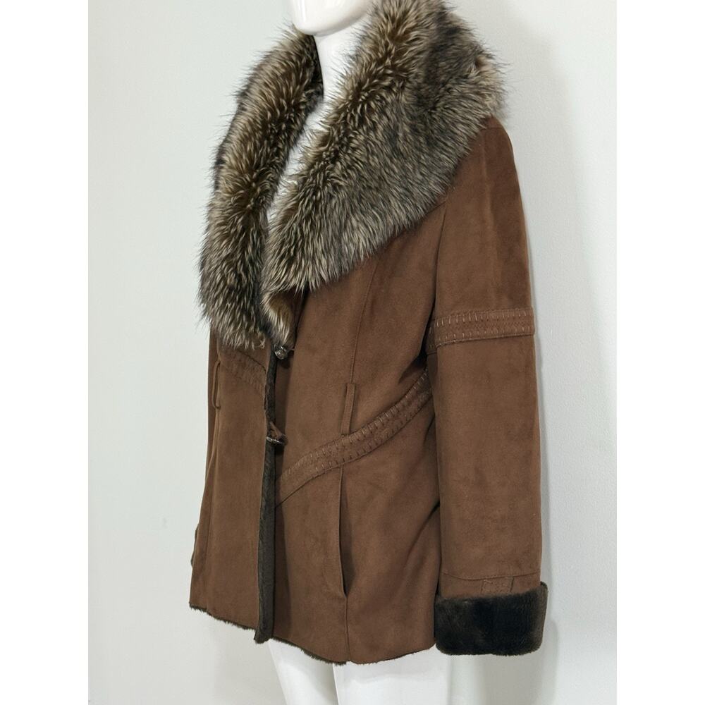 Y2K Neyelle Brown Faux Suede Jacket Faux Fur Collar Trim Penny Lane Coat Size L - Picture 5 of 12